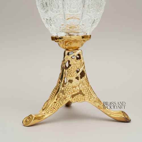 Classical Crystal Goblet Vase with Pierced Brass Grapevine Stand and Crown — Brass and Wood Gold Back | Brass & Wood