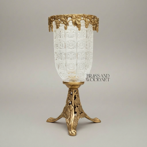 Classical Crystal Goblet Vase with Pierced Brass Grapevine Stand and Crown — Brass and Wood Antique Gold Front | Brass & Wood
