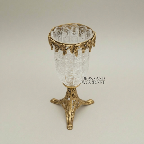 Classical Crystal Goblet Vase with Pierced Brass Grapevine Stand and Crown — Brass and Wood Antique Gold Front | Brass & Wood