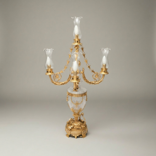 Classical Ornate Crystal Urn 5-Arm Candelabra Table Lamp Brass Acanthus Detail Gold Front | Brass & Wood