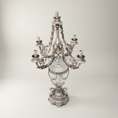 Classical Ornate Crystal Urn 5-Arm Candelabra Table Lamp Brass Acanthus Detail Silver Front | Brass & Wood