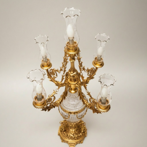 Classical Ornate Crystal Urn 5-Arm Candelabra Table Lamp Brass Acanthus Detail Gold Front | Brass & Wood