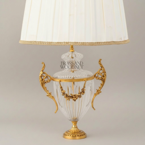 Classical Crystal Urn Table Lamp Ornate Brass Acanthus Handles Floral Swag Pleated Shade Gold Side | Brass & Wood