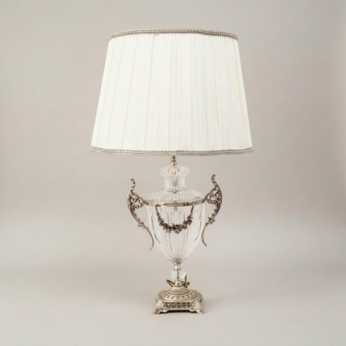 Classical Crystal Urn Table Lamp Ornate Brass Acanthus Handles Floral Swag Pleated Shade Silver Front | Brass & Wood