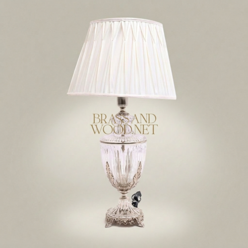 Classical Crystal Urn Table Lamp Brass Acanthus Leaf Base Pleated Off-White Shade Brass and Wood Silver Front | Brass & Wood