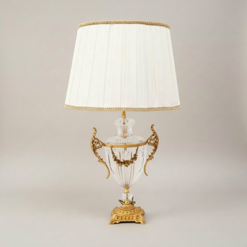Classical Crystal Urn Table Lamp Ornate Brass Acanthus Handles Floral Swag Pleated Shade Gold Side | Brass & Wood