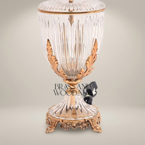Classical Crystal Urn Table Lamp Brass Acanthus Leaf Base Pleated Off-White Shade Brass and Wood Gold Front | Brass & Wood