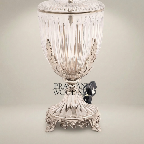 Classical Crystal Urn Table Lamp Brass Acanthus Leaf Base Pleated Off-White Shade Brass and Wood Silver Front | Brass & Wood