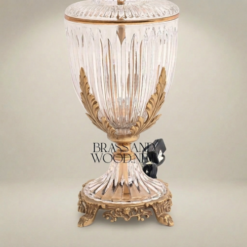 Classical Crystal Urn Table Lamp Brass Acanthus Leaf Base Pleated Off-White Shade Brass and Wood Antique Gold Front | Brass & Wood