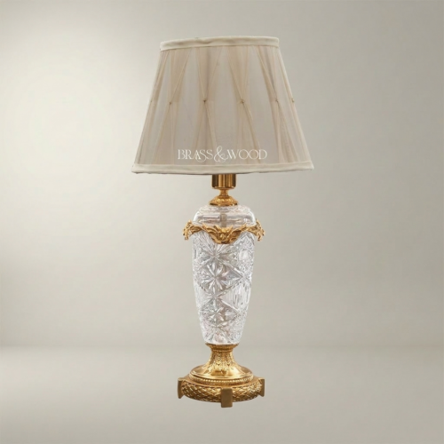 Classical Crystal Urn Table Lamp with Brass Foliage Collar and Cream Fabric Shade Gold Front | Brass & Wood