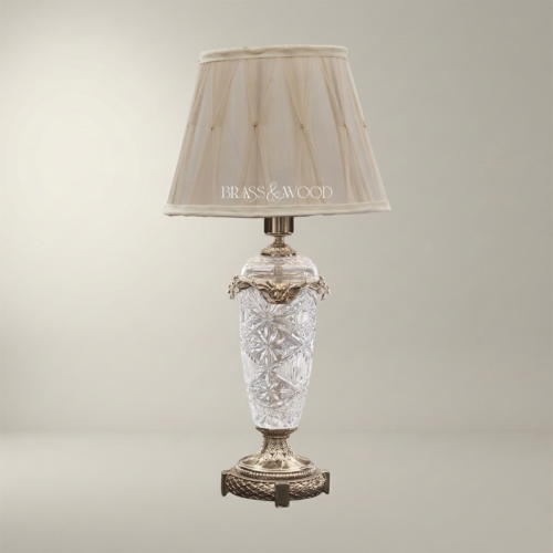 Classical Crystal Urn Table Lamp with Brass Foliage Collar and Cream Fabric Shade Silver Front | Brass & Wood