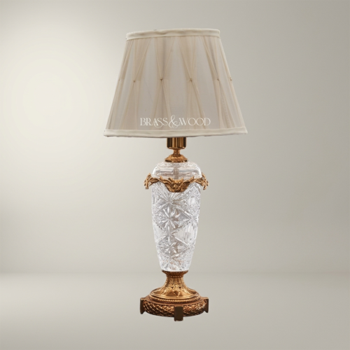 Classical Crystal Urn Table Lamp with Brass Foliage Collar and Cream Fabric Shade Antique Gold Front | Brass & Wood