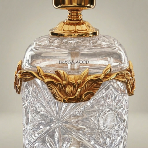 Classical Crystal Urn Table Lamp with Brass Foliage Collar and Cream Fabric Shade Gold Front | Brass & Wood