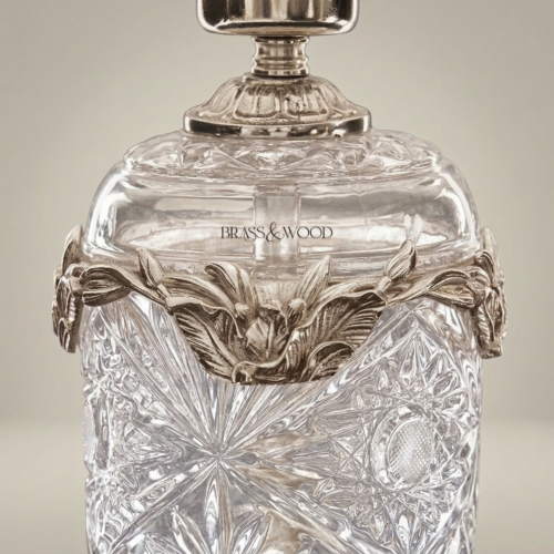 Classical Crystal Urn Table Lamp with Brass Foliage Collar and Cream Fabric Shade Silver Front | Brass & Wood