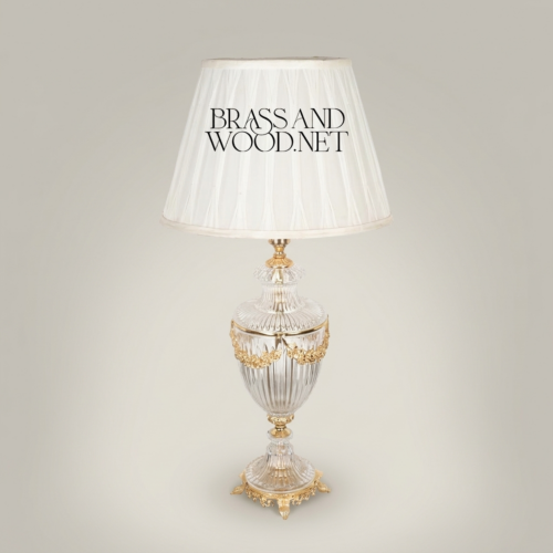 Classical Crystal Urn Table Lamp with Brass Floral Garland and Pleated Off-White Shade – Brass and Wood Gold Front | Brass & Wood