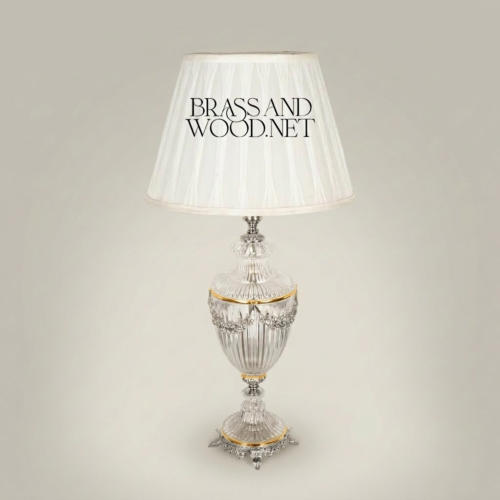 Classical Crystal Urn Table Lamp with Brass Floral Garland and Pleated Off-White Shade – Brass and Wood Silver Front | Brass & Wood