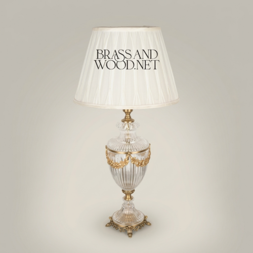 Classical Crystal Urn Table Lamp with Brass Floral Garland and Pleated Off-White Shade – Brass and Wood Antique Gold Front | Brass & Wood