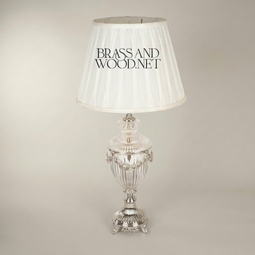 Classical Crystal Urn Table Lamp with Brass Floral Garland and Pleated Off-White Shade – Brass and Wood Silver Front | Brass & Wood