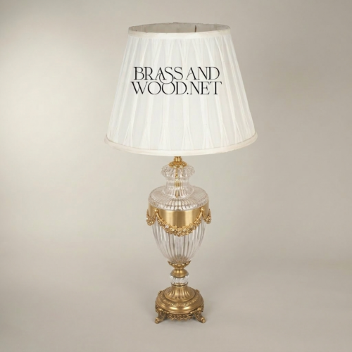 Classical Crystal Urn Table Lamp with Brass Floral Garland and Pleated Off-White Shade – Brass and Wood Antique Gold Front | Brass & Wood