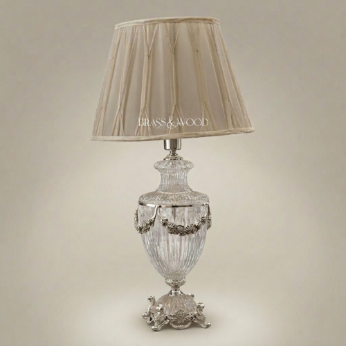 Classical Crystal Urn Table Lamp with Floral Brass Garland Base and Cream Fabric Shade Silver Front | Brass & Wood
