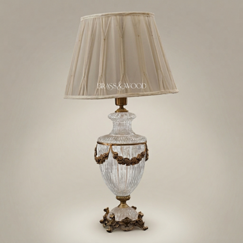 Classical Crystal Urn Table Lamp with Floral Brass Garland Base and Cream Fabric Shade Antique Gold Front | Brass & Wood