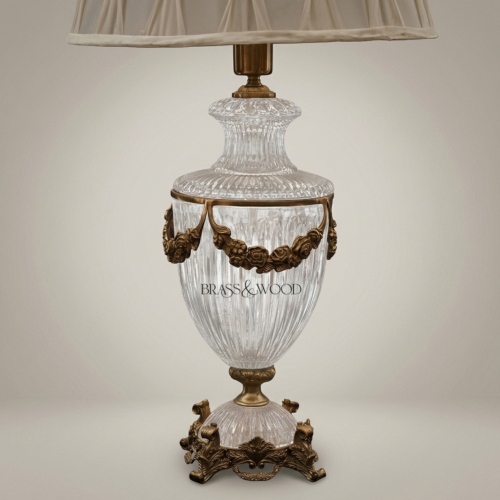 Classical Crystal Urn Table Lamp with Floral Brass Garland Base and Cream Fabric Shade Antique Gold Front | Brass & Wood