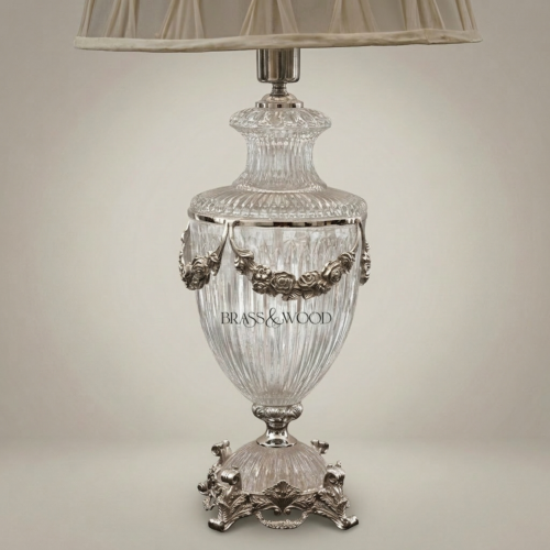 Classical Crystal Urn Table Lamp with Floral Brass Garland Base and Cream Fabric Shade Silver Front | Brass & Wood