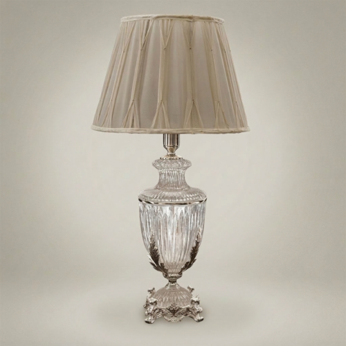 Classical Crystal Urn Table Lamp Ornate Brass Acanthus Leaf Base Cream Fabric Shade Brass and Wood Silver Front | Brass & Wood