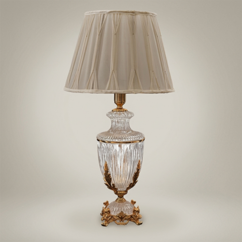 Classical Crystal Urn Table Lamp Ornate Brass Acanthus Leaf Base Cream Fabric Shade Brass and Wood Antique Gold Front | Brass & Wood