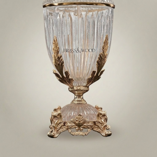 Classical Crystal Urn Table Lamp Ornate Brass Acanthus Leaf Base Cream Fabric Shade Brass and Wood Silver Front | Brass & Wood