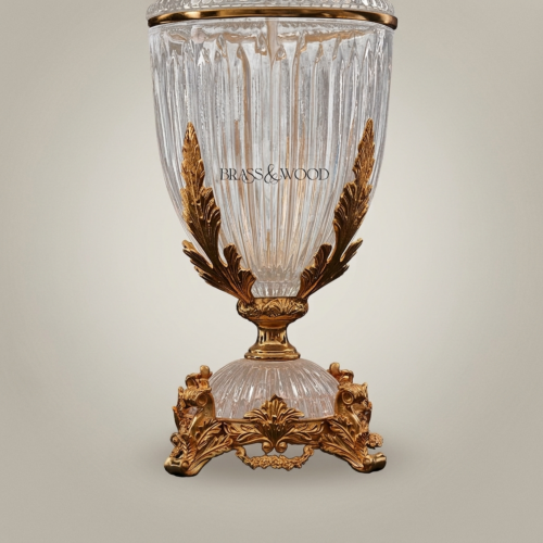 Classical Crystal Urn Table Lamp Ornate Brass Acanthus Leaf Base Cream Fabric Shade Brass and Wood Antique Gold Front | Brass & Wood