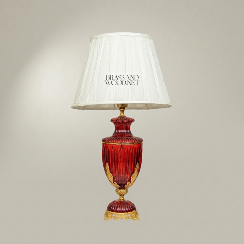 Classical Red Crystal Urn Table Lamp Ribbed Vase Ornate Brass Base Off-White Fabric Shade Brass and Wood Gold Front | Brass & Wood