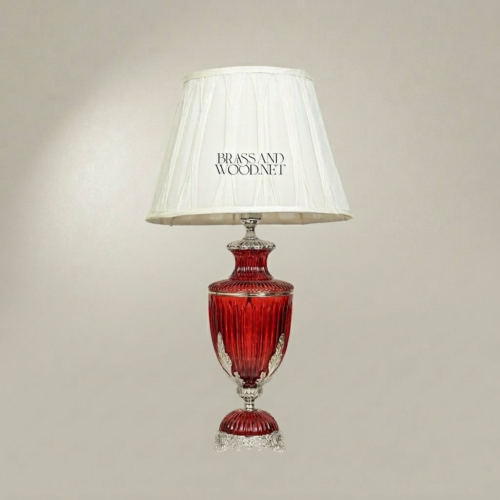 Classical Red Crystal Urn Table Lamp Ribbed Vase Ornate Brass Base Off-White Fabric Shade Brass and Wood Silver Front | Brass & Wood