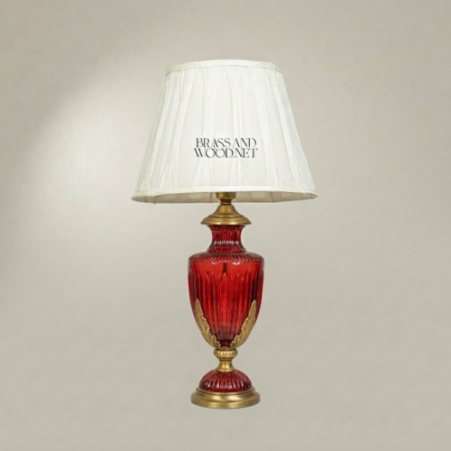 Classical Red Crystal Urn Table Lamp Ribbed Vase Ornate Brass Base Off-White Fabric Shade Brass and Wood Antique Gold Front | Brass & Wood