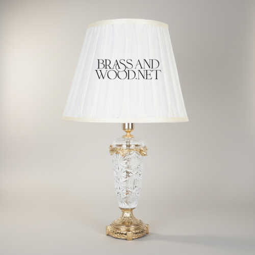 Classical Cut Crystal Brass Table Lamp Vase Body Ornate Base Pleated White Shade Brass and Wood Gold Front | Brass & Wood