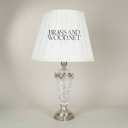 Classical Cut Crystal Brass Table Lamp Vase Body Ornate Base Pleated White Shade Brass and Wood Silver Front | Brass & Wood