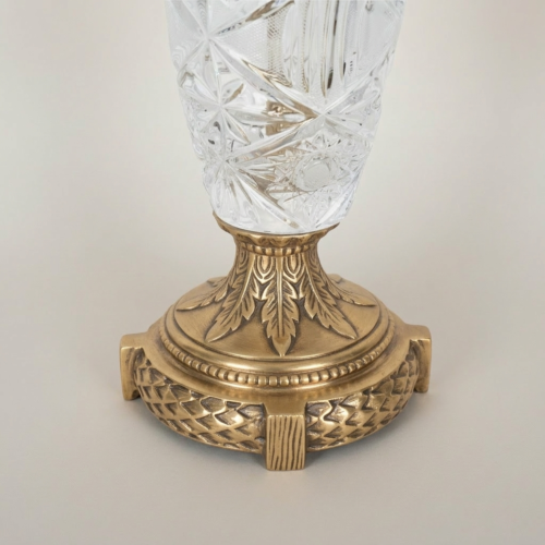 Classical Cut Crystal Brass Table Lamp Vase Body Ornate Base Pleated White Shade Brass and Wood antique Front | Brass & Wood
