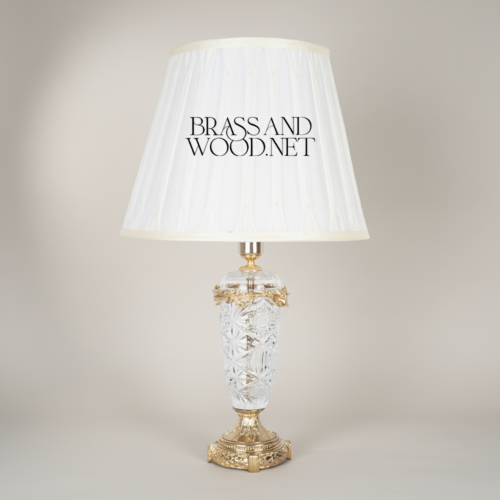Classical Cut Crystal Brass Table Lamp Vase Body Ornate Base Pleated White Shade Brass and Wood Gold Front | Brass & Wood