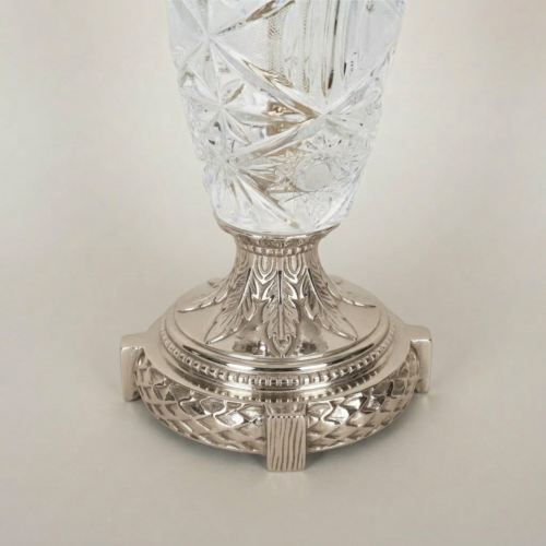 Classical Cut Crystal Brass Table Lamp Vase Body Ornate Base Pleated White Shade Brass and Wood Silver Front | Brass & Wood