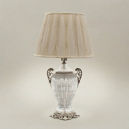 Classical Cut Crystal Urn Table Lamp Ornate Brass Base Cream Pleated Shade Brass and Wood Silver Front | Brass & Wood