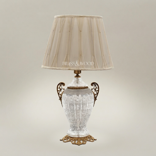 Classical Cut Crystal Urn Table Lamp Ornate Brass Base Cream Pleated Shade Brass and Wood Antique Gold Front | Brass & Wood