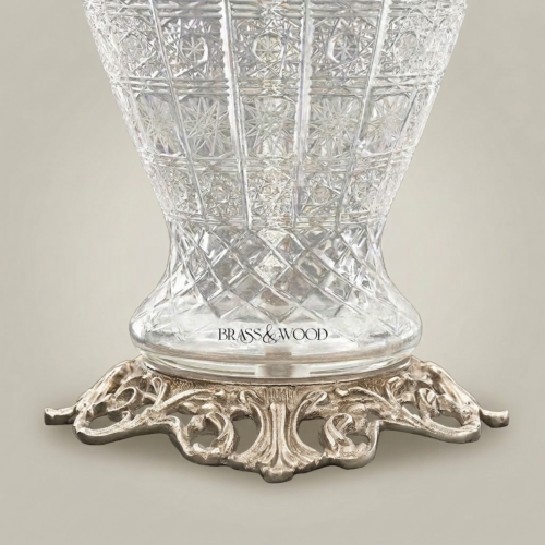 Classical Cut Crystal Urn Table Lamp Ornate Brass Base Cream Pleated Shade Brass and Wood Silver Front | Brass & Wood