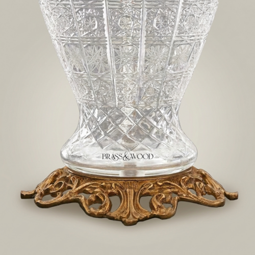Classical Cut Crystal Urn Table Lamp Ornate Brass Base Cream Pleated Shade Brass and Wood Antique Gold Front | Brass & Wood