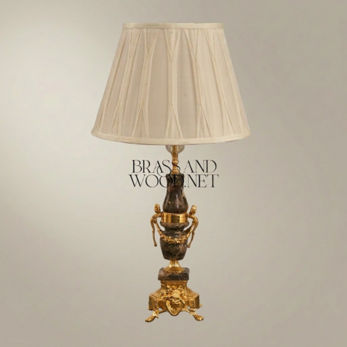 Classical Emperador Dark Marble Brass Ornate Urn Table Lamp Ivory Shade Brass and Wood Gold Front | Brass & Wood