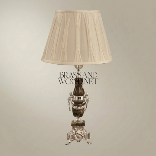 Classical Emperador Dark Marble Brass Ornate Urn Table Lamp Ivory Shade Brass and Wood Silver Front | Brass & Wood