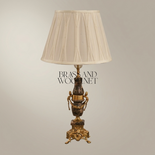 Classical Emperador Dark Marble Brass Ornate Urn Table Lamp Ivory Shade Brass and Wood Antique Gold Front | Brass & Wood