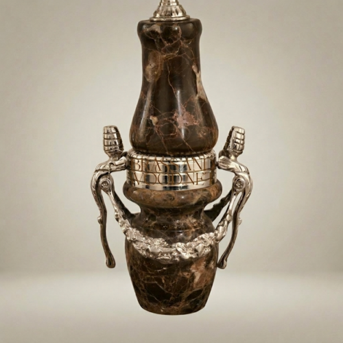 Classical Emperador Dark Marble Brass Ornate Urn Table Lamp Ivory Shade Brass and Wood Silver Front | Brass & Wood
