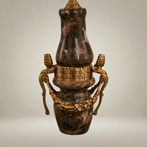 Classical Emperador Dark Marble Brass Ornate Urn Table Lamp Ivory Shade Brass and Wood Antique Gold Front | Brass & Wood