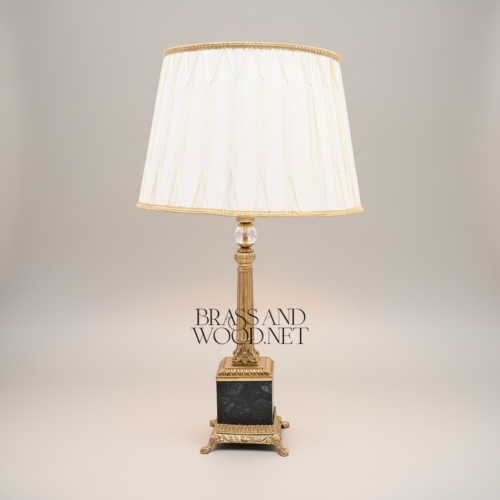 Classical Empire Brass Marble Table Lamp Fluted Column Crystal Accent Pleated Shade Brass and Wood Gold Front | Brass & Wood