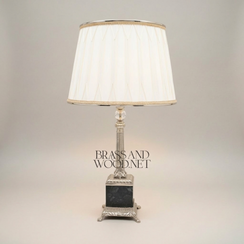 Classical Empire Brass Marble Table Lamp Fluted Column Crystal Accent Pleated Shade Brass and Wood Silver Front | Brass & Wood
